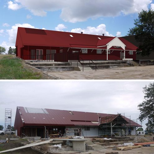 South Elevation Design render (top) and progress image (bottom)