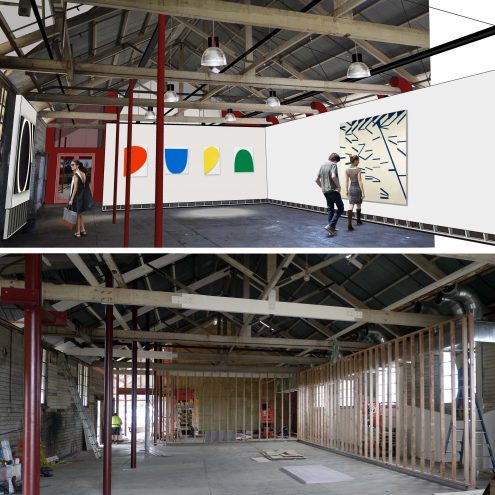 Main Gallery space Design render (top), progress image (bottom)